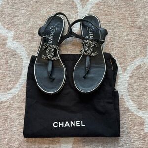 Chanel black logo sandals shoes 35 5